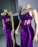 Vestido de fiesta de sirena morado sin tirantes con apliques de encaje satinado, estilo sirena, sexy, con abertura Y8121