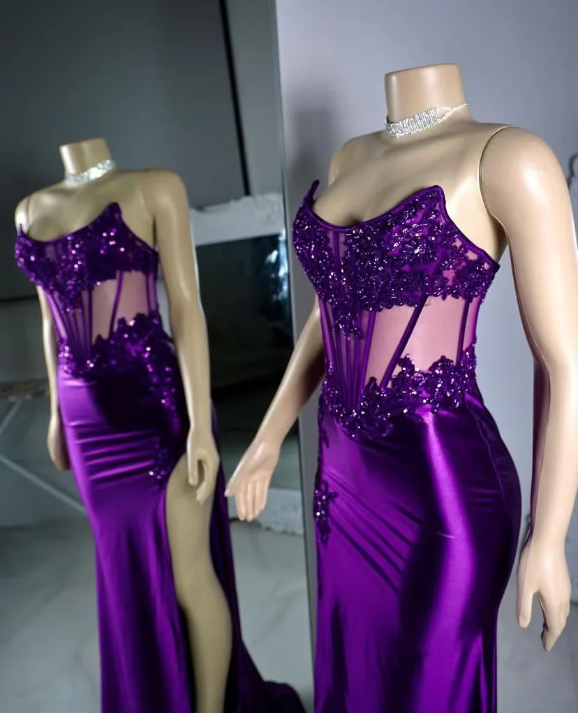 Vestido de fiesta de sirena morado sin tirantes con apliques de encaje satinado, estilo sirena, sexy, con abertura Y8121