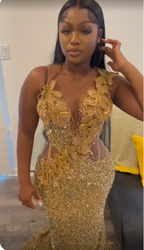 Vestido de noche de sirena con apliques de lentejuelas doradas de lujo Y7880