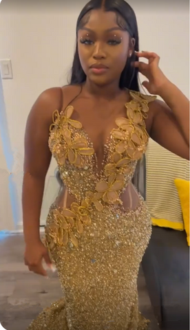 Vestido de noche de sirena con apliques de lentejuelas doradas de lujo Y7880