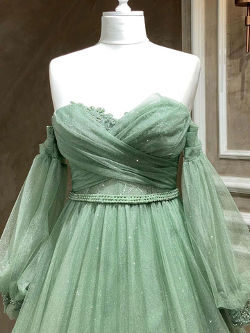 Robe de bal longue verte en tulle, coupe trapèze, décolleté cœur, Y3033