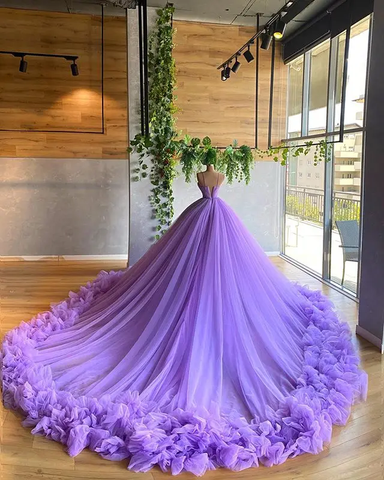 Vestido de baile de tul morado, corte en A, escote en V, vestido de princesa morado, vestido de hada Y6590