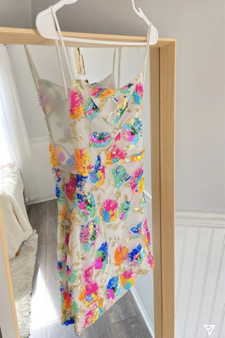 White Multi-Colors Sequins Backless Straps Sheath Homecoming Dress Y2798