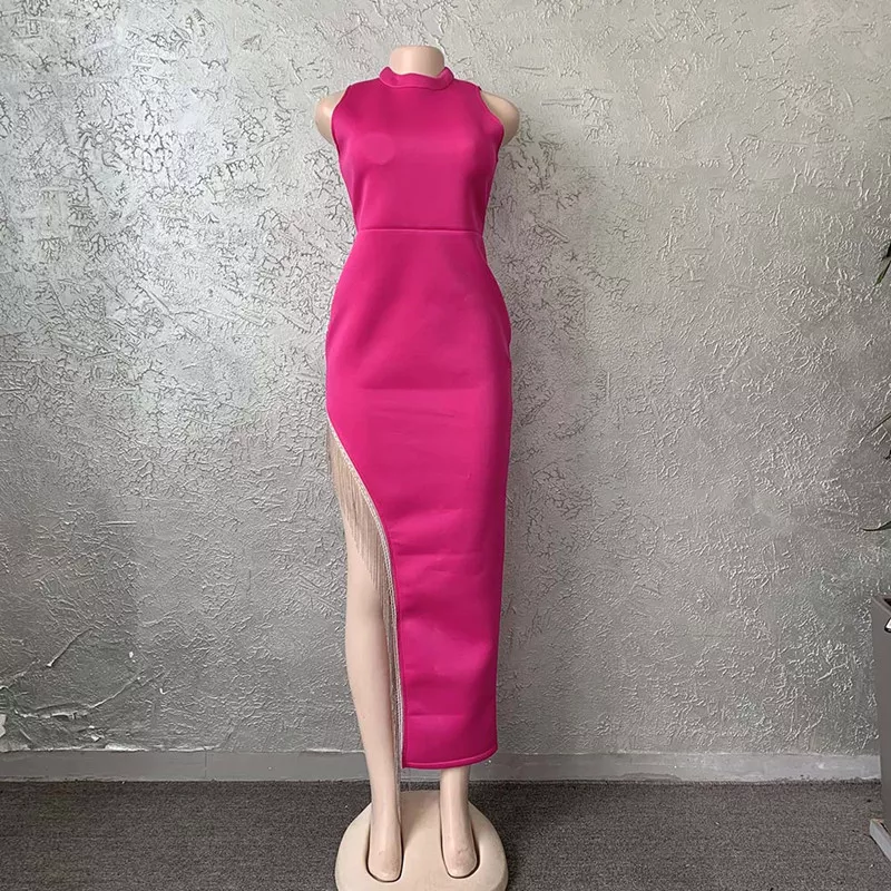 Robe bandage longue élégante à franges et fente brillante pour femme Y407