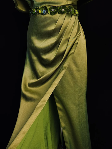 Classy Olive Green Satin Off The Shoulder Slit Prom Dress Slit Mermaid Evening Dress Y8650