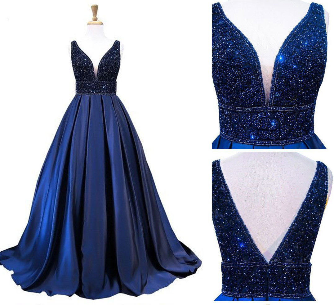Robe de soirée longue pour femme, bleu marine, col en V, sans manches, dos nu, ornée de perles, référence Y1193