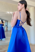 Vestido largo de fiesta azul real satinado sin espalda con abertura alta, vestido de noche formal de graduación azul sin espalda Y203
