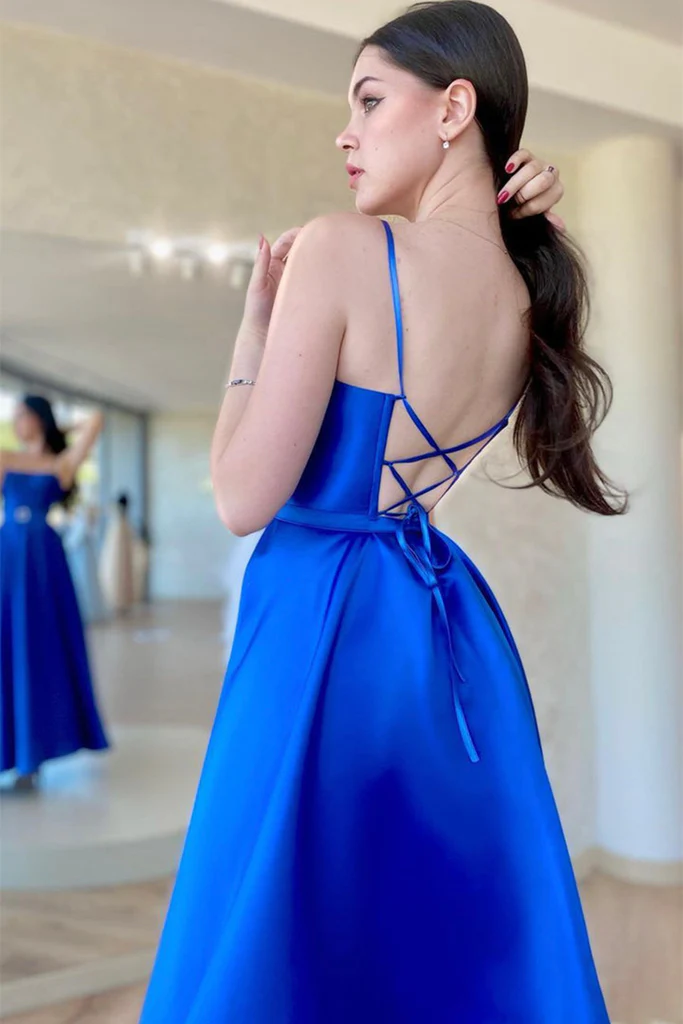 Vestido largo de fiesta azul real satinado sin espalda con abertura alta, vestido de noche formal de graduación azul sin espalda Y203