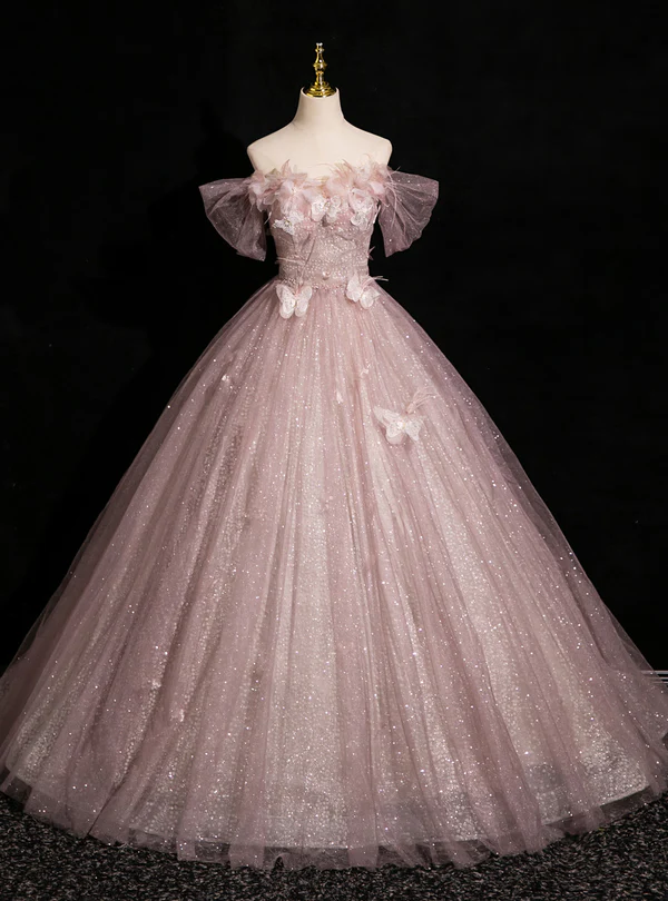 Elegante vestido de gala rosa de tul con lentejuelas y apliques de mariposa, estilo formal de noche Y7996