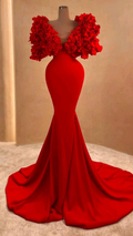 Vestido largo de noche rojo para mujer, estilo sirena, con volantes y hombros tipo nube Y4932