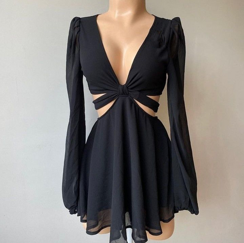 Vestido de fiesta negro de corte A con abertura en la cintura. Vestido de cóctel negro Y4302
