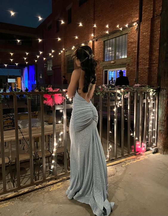 Robe de soirée bleue scintillante dos nu Y7416