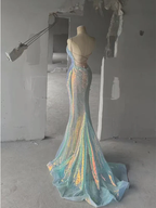 Robe de bal longue sirène à bretelles spaghetti et sequins, dos nu et décolleté en V, Y7804