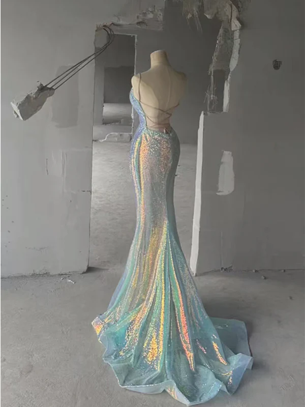 Robe de bal longue sirène à bretelles spaghetti et sequins, dos nu et décolleté en V, Y7804