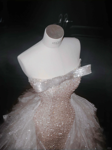 Gorgeous Champagne Tulle Sequins Beaded Sheath Long Prom Dress Evening Dress Y8658