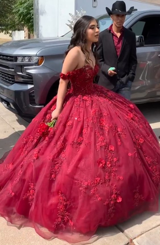 Vestido de quinceañera rojo de baile con flores 3D, vestido de princesa para cumpleaños de 16 años Y6469