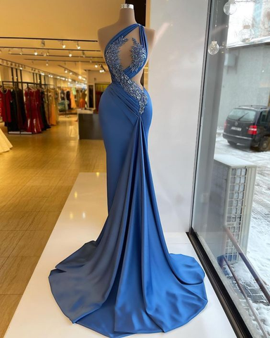 Blue Prom Dresses One Shoulder Prom Dresses Sexy Prom Dresses Satin Prom Dresses Evening Gowns Y4353