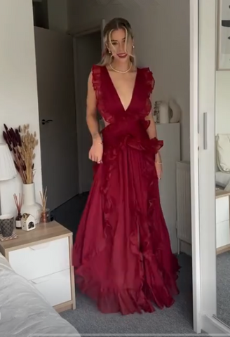 Beautiful Burgundy Chiffon Ruffles Evening Dress Slit Prom Dress Y7715