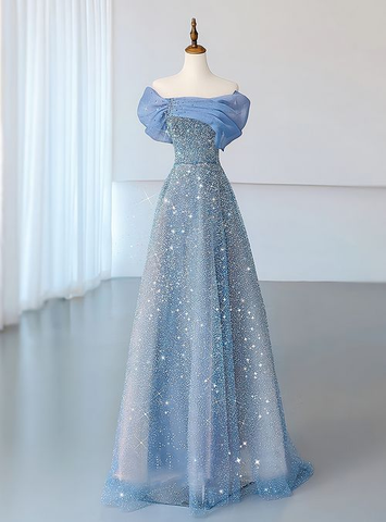 Vestido de noche azul de tul con lentejuelas, hombros descubiertos, pliegues, corte en A, estilo vestido de graduación Y8041