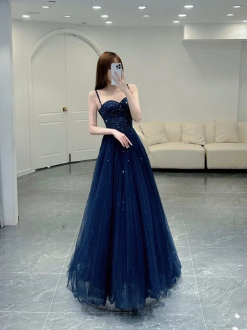 Vestido de fiesta elegante de tul azul marino con tirantes y corte en A, modelo Y6776
