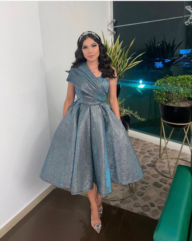 Shiny Blue One Shoulder Midi-length Evening Dress Y4970