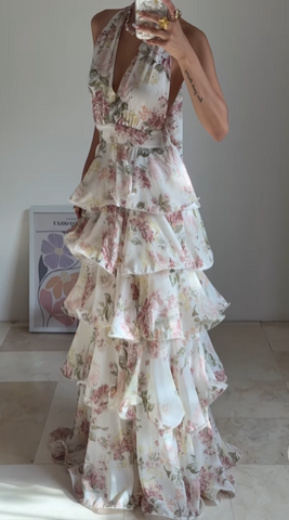 Glamorous Chiffon Print Floral A Line Backless Prom Dress V Neck Halter Layered Evening Dress Y8501