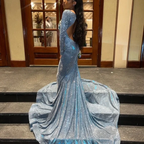 Robe de bal de soirée sirène dos nu en satin bleu somptueux ornée de perles Y7949
