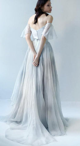 Baoleely Unique Grey Blue Chiffon Off Shoulder Wedding Dresses, Bridal Gown, MW592
