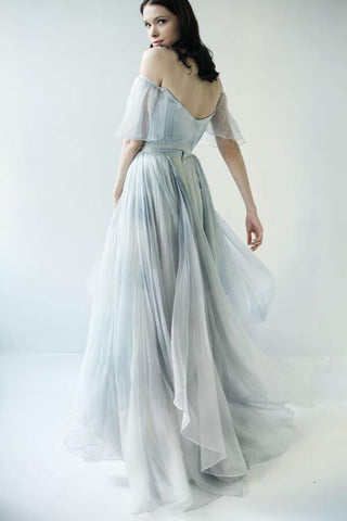 Baoleely Unique Grey Blue Chiffon Off Shoulder Wedding Dresses, Bridal Gown, MW592