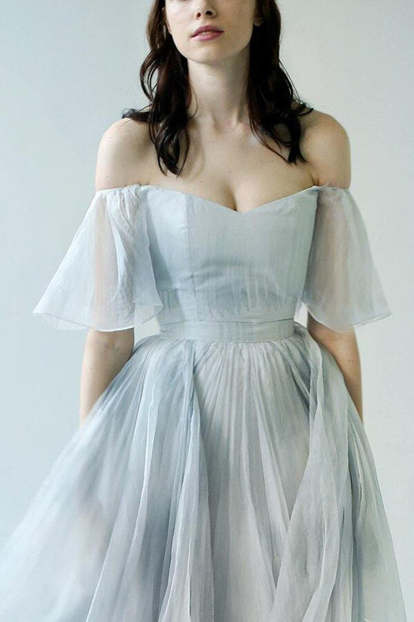 Baoleely Unique Grey Blue Chiffon Off Shoulder Wedding Dresses, Bridal Gown, MW592