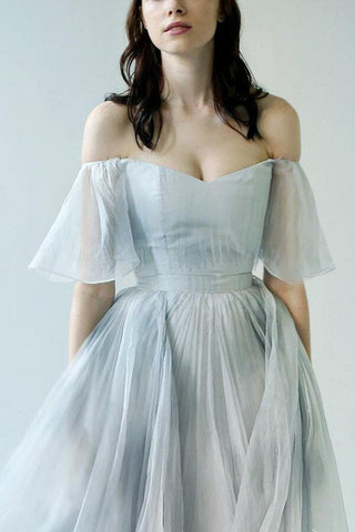 Baoleely Unique Grey Blue Chiffon Off Shoulder Wedding Dresses, Bridal Gown, MW592