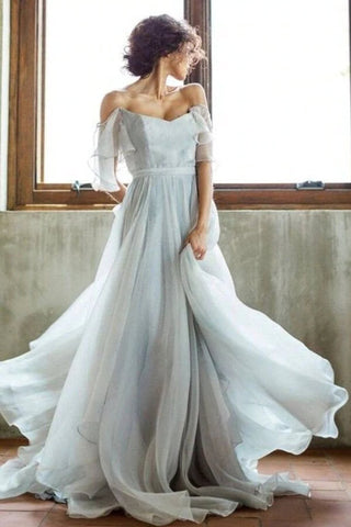 Baoleely Unique Grey Chiffon A-line Off Shoulder Wedding Dress, Wedding Gown, MW712