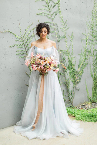 Baoleely Unique Grey Chiffon A-line Off Shoulder Wedding Dress, Wedding Gown, MW712