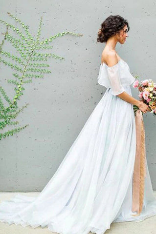 Baoleely Unique Grey Chiffon A-line Off Shoulder Wedding Dress, Wedding Gown, MW712