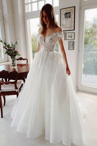 Vestido de novia rústico de encaje con apliques y hombros descubiertos, modelo WD683
