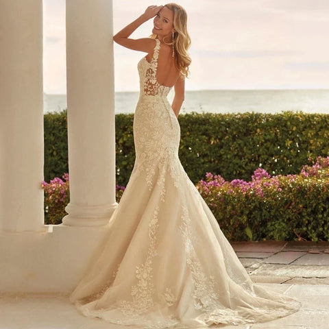 Vestidos De Novia De sirena con cuello en V sin mangas Sexy sin espalda Vestidos De Novia Applqiues Vestido De Noiva