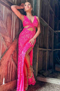 Hot Pink Sequined Prom Dress With Slit SYP110