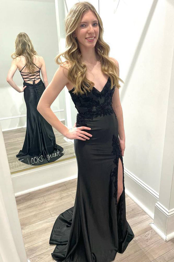 Robe de bal sirène noire à col en V et laçage, fendue