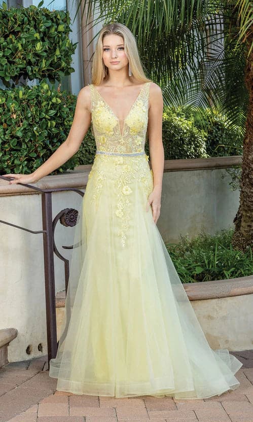 Vestido de gala con escote en V y corpiño transparente SYP71