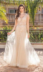 Vestido de gala con escote en V y corpiño transparente SYP71