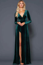 Robe de bal fendue à manches longues en velours 