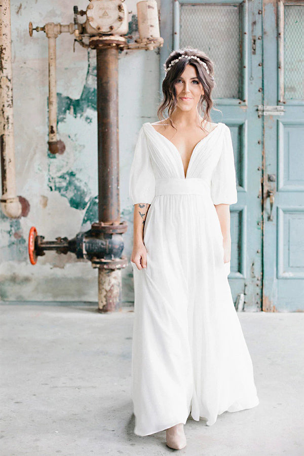 Robe de mariée décontractée en mousseline simple, col en V, manches mi-longues, coupe empire, modèle WD711