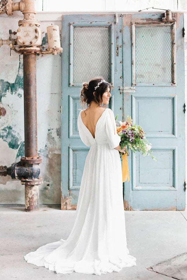 Robe de mariée décontractée en mousseline simple, col en V, manches mi-longues, coupe empire, modèle WD711