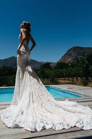 Baoleely V-neck Sleeveless Mermaid Backless Lace Pocket Wedding Dress With Court Train,MW398