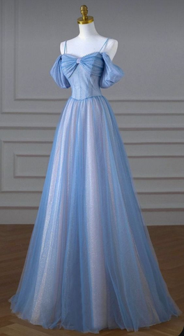 Blue Spaghetti Strap Tulle Long Prom Dress Beautiful A-Line Evening Dress Y4592