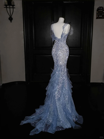 Gorgeous Blue Tulle Sequins Beaded Ruffles Mermaid Prom Dress,Formal Evening Dress Wedding Dress Y8671