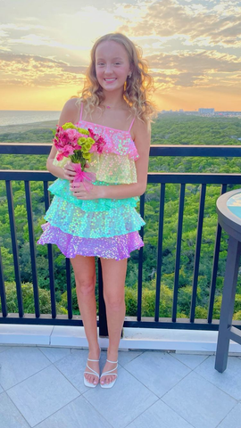 Women Shiny Sequin Sparkle Homecoming Dress Sleeveless Glitter Layered Rainbow Ruffle Dress Party Club Night Dress Y2475