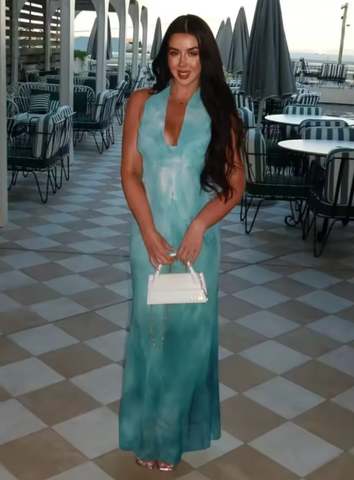 Elegant Blue Chiffon Backless Printed Long Prom Dress Evening Gown Y8478