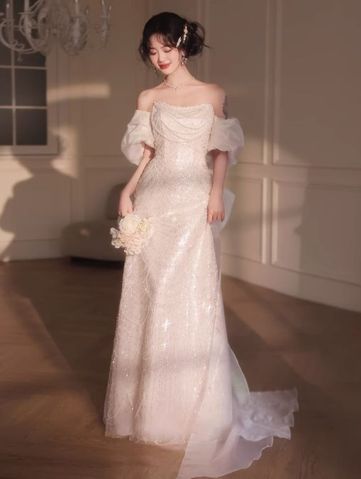 Robe de bal longue rose en tulle à sequins et perles, coupe trapèze, épaules dénudées, modèle Y8050