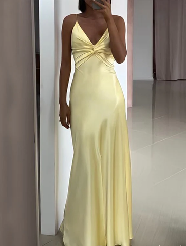 Simple Yellow V Neck Satin A Line Prom Dress Evening Dress Y8551